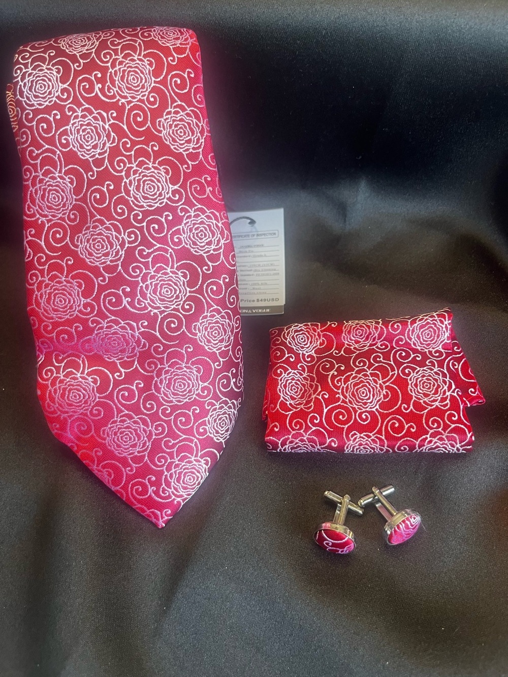 Red Rose Pattern Tie Set with Pocket Square and Cufflinks